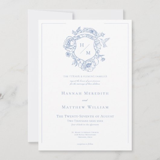 Invitation Elégant Blue Chinoiserie Bird & Crest Mariage (Devant)