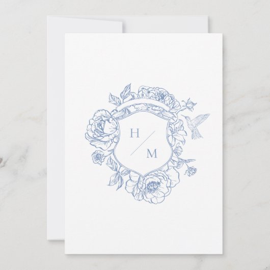 Invitation Elégant Blue Chinoiserie Bird & Crest Mariage (Dos)