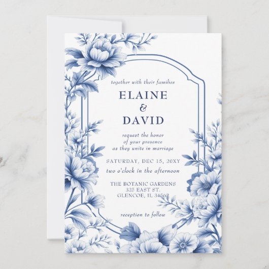 Invitation Elegant Blue Chinoiserie Floral Botanical Wedding (Devant)