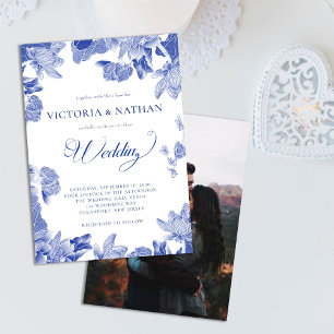 Invitation Elégant Blue Chinoiserie Floral Photo Mariage