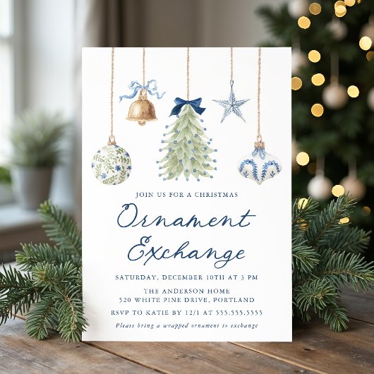 Invitation Elegant Blue Christmas Ornament Exchange