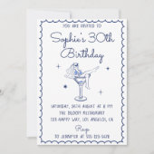 Invitation Elegant Blue Cocktail Martini Glass 30th Birthday (Devant)