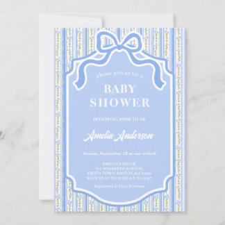 Invitation Elegant Blue Coquette Ribbon Bow Floral Stripe