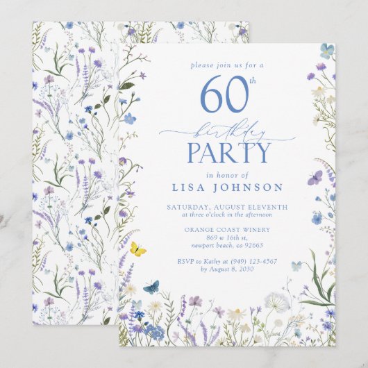 Invitation Elégant Blue Fleur sauvage Adulte 60e Anniversaire (Devant / Derrière)