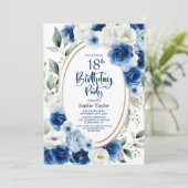 Invitation Elégant Blue Floral 18ème anniversaire (Debout devant)