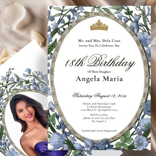 Invitation Elegant Blue Floral 18th Birthday Debut