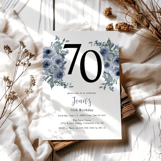 Invitation Elégant Blue Floral 70e anniversaire