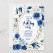 Invitation Elégant Blue Floral 75e fête d'anniversaire (Devant)