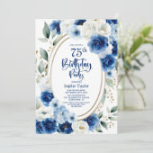 Invitation Elégant Blue Floral 75e fête d'anniversaire (Debout devant)