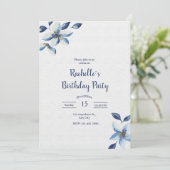 Invitation Elegant Blue Floral Birthday Invite, Boho Birthday (Debout devant)
