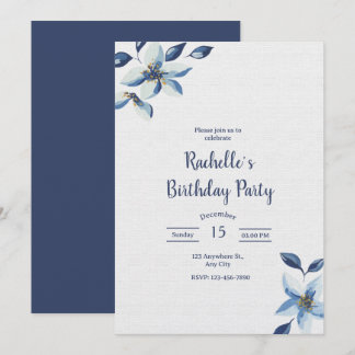 Invitation Elegant Blue Floral Birthday Invite, Boho Birthday