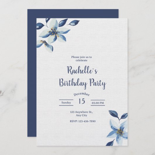 Invitation Elegant Blue Floral Birthday Invite, Boho Birthday (Devant / Derrière)