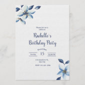 Invitation Elegant Blue Floral Birthday Invite, Boho Birthday (Devant)