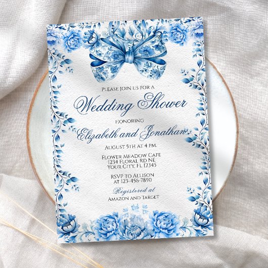 Invitation Elégant Blue Floral Bow Mariage Couples Douche