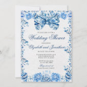 Invitation Elégant Blue Floral Bow Mariage Couples Douche (Devant)