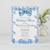 Invitation Elégant Blue Floral Bow Mariage Couples Douche (Debout devant)