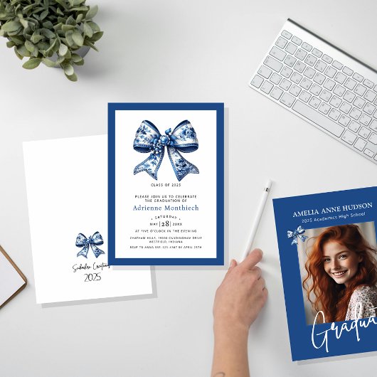 Invitation Élégant Blue Floral Bow Ribbon Party de graduation