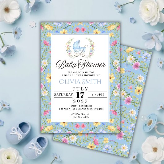 Invitation Elegant Blue Floral boy Baby Shower