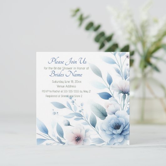 Invitation Elegant Blue Floral Bridal Shower (Debout devant)