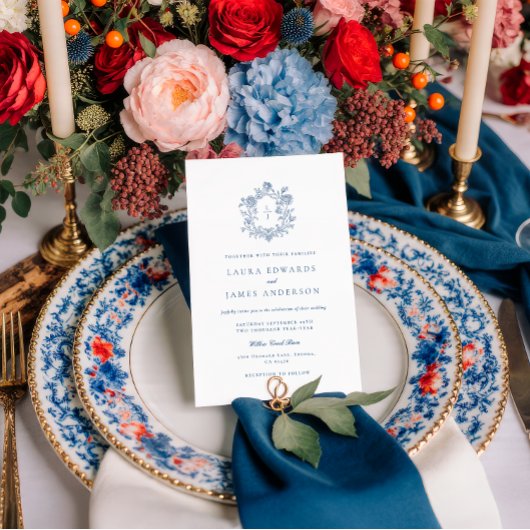 Invitation Elegant Blue Floral Crest Striped Back Wedding