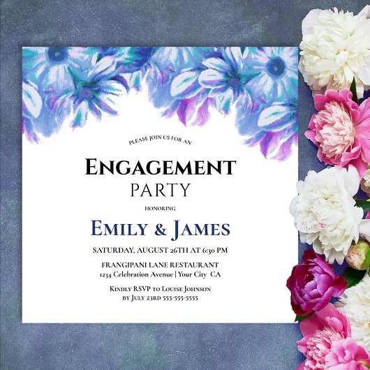 Invitation Élégant Blue Floral Engagement Party