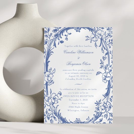 Invitation Elégant Blue Floral Open House Réception de mariag