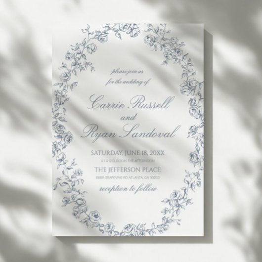 Invitation Elegant Blue Floral Roses Fine Line Art Wedding