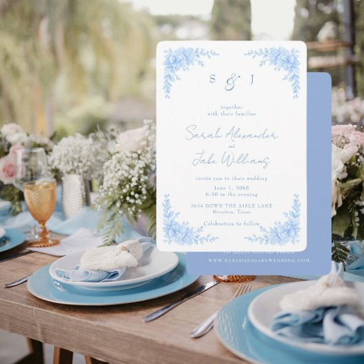 Invitation Elegant Blue Floral Rounded Wedding Website