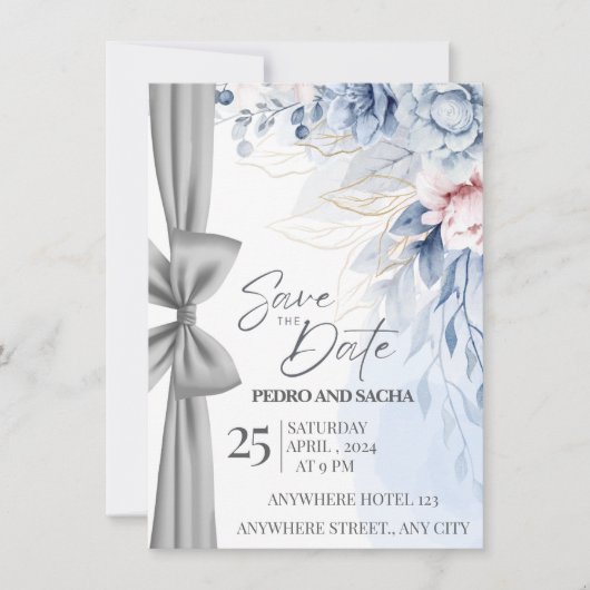 Invitation Elegant Blue Floral Save The Date Card with Silver (Devant)