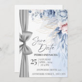 Invitation Elegant Blue Floral Save The Date Card with Silver (Devant / Derrière)