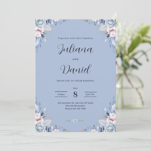 Invitation Elegant Blue Floral Wedding Tropical wedding (Debout devant)