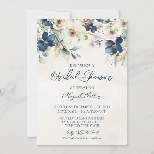 Invitation Elegant Blue Floral Winter Bridal Shower (Devant)
