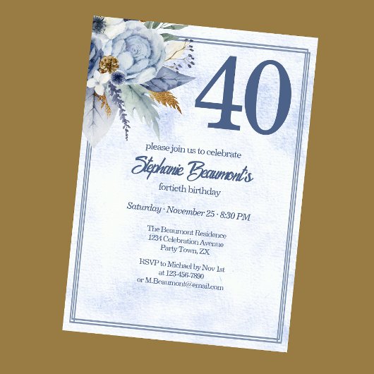 Invitation Elegant Blue Florals Women's 40th Birthday Party