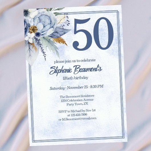 Invitation Elegant Blue Florals Women's 50th Birthday Party