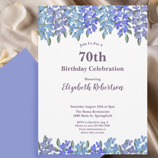 Invitation Elegant Blue Flowers Women's 70th Birthday