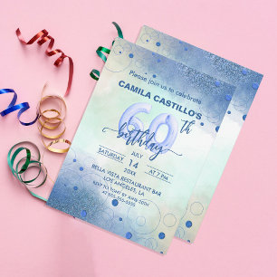 Invitation Elégant Blue Foil Ballons 60e fête d'anniversaire