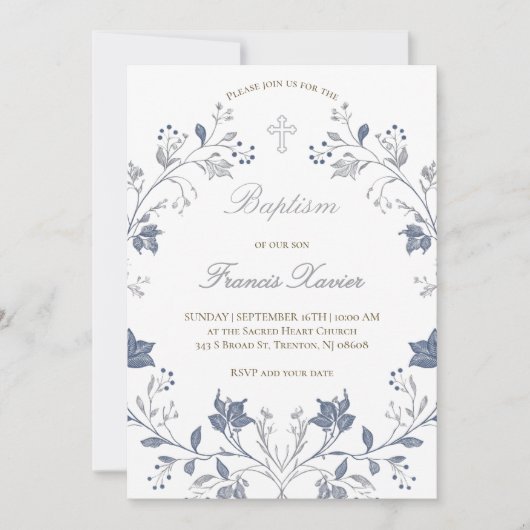 Invitation elegant blue frame Baptism (Devant)