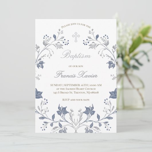 Invitation elegant blue frame Baptism (Debout devant)