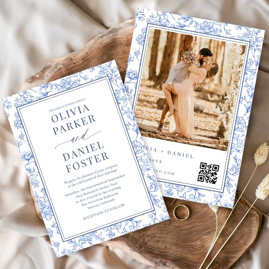 Invitation Elegant Blue French Floral Photo QR Code 