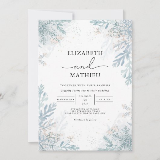 Invitation Elégant Blue Frost Botanical Winter Wedding (Devant)