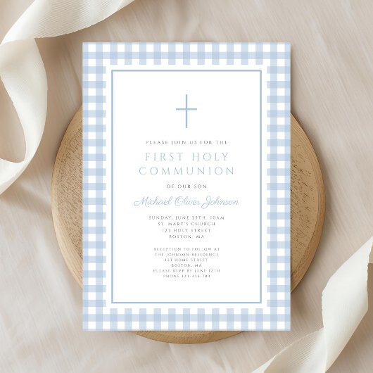 Invitation Elegant Blue Gingham Boy First Communion