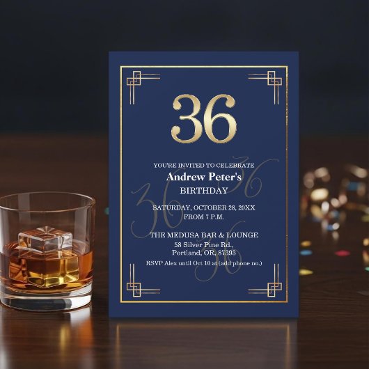 Invitation Elegant Blue Gold 36th Birthday Party