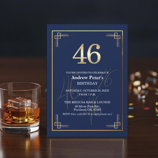 Invitation Elegant Blue Gold 46th Birthday Party