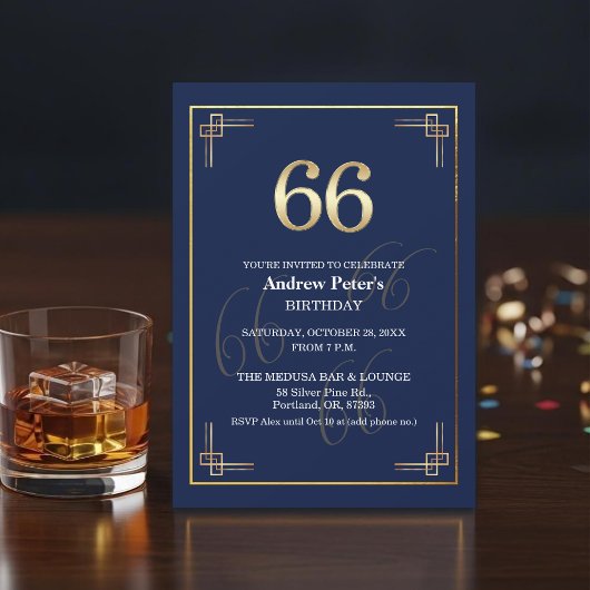 Invitation Elegant Blue Gold 66th Birthday Party