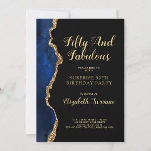 Invitation Elégant Blue Gold Agate Surprise 50e anniversaire 