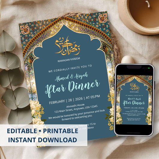 Invitation Elegant Blue & Gold Arch Ramadan Iftar Dinner