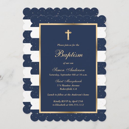 Invitation Élégant Blue Gold Boy Baptême (Devant / Derrière)