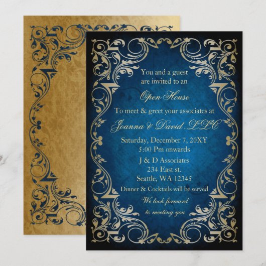 Invitation Elégant Blue Gold Business Party (Devant / Derrière)