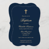 Invitation Élégant Blue Gold Cross Script Girl Baptême (Devant / Derrière)