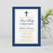 Invitation Elégant Blue Gold First Holy Communion Photo (Debout devant)